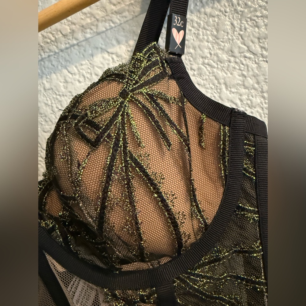 VS DREAM ANGELS  Bow Ribbon Embroidered Lace Corset Bra Bustier Top black/gold - Picture 7 of 8